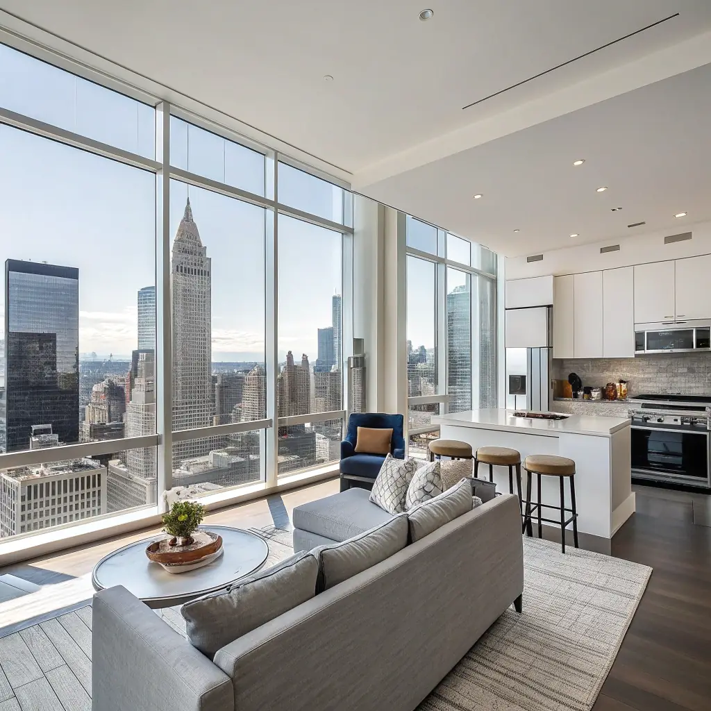 A sophisticated, minimalistic image of a modern London apartment interior with black and gold accents, exuding luxury and comfort, suitable for attracting landlords seeking premium property management.