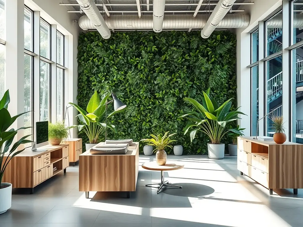 A bright and clean office space with sunlight streaming through the windows, showcasing a pristine environment cleaned by Brisbane Green Clean.