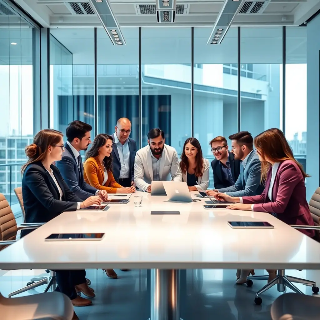 A team of consultants collaborating around a digital display showing a maturity model, illustrating iTransfluence's approach to guiding clients towards digital maturity.