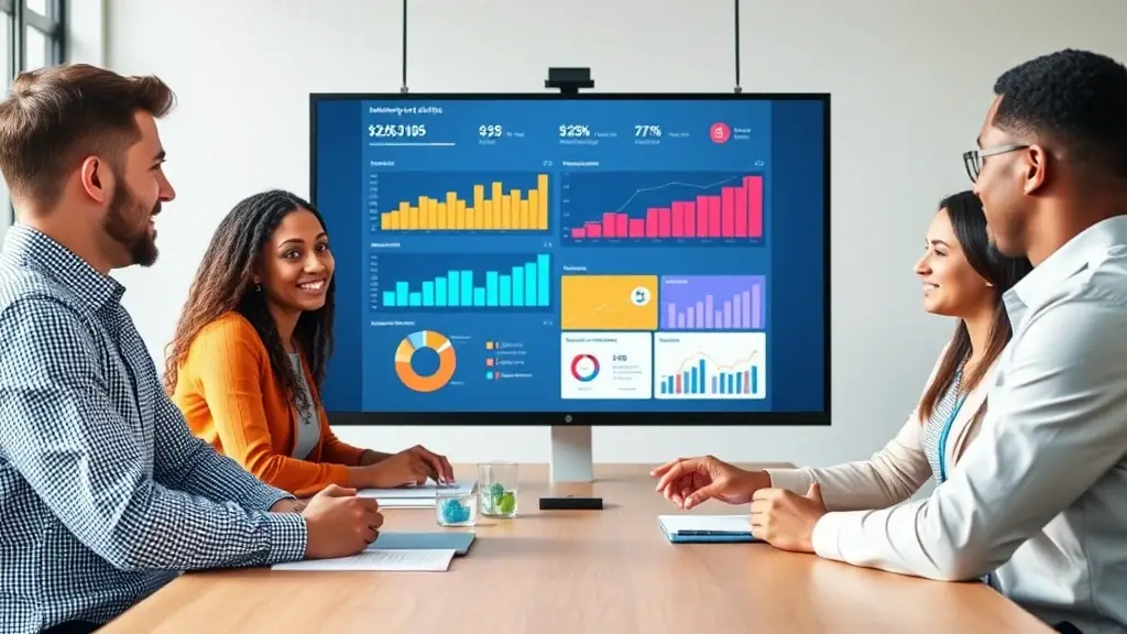 A professional team collaborating on digital marketing strategies, with a focus on AI-driven solutions and integrated reporting, set against a vibrant yellow and orange color scheme.