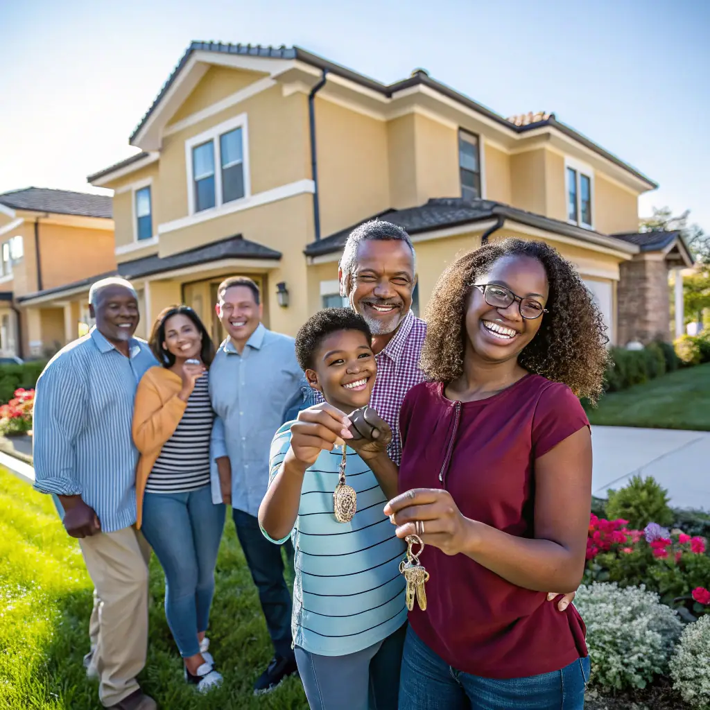 A diverse group of people standing in front of a suburban home, smiling and shaking hands, symbolizing successful real estate transactions and happy homeowners.