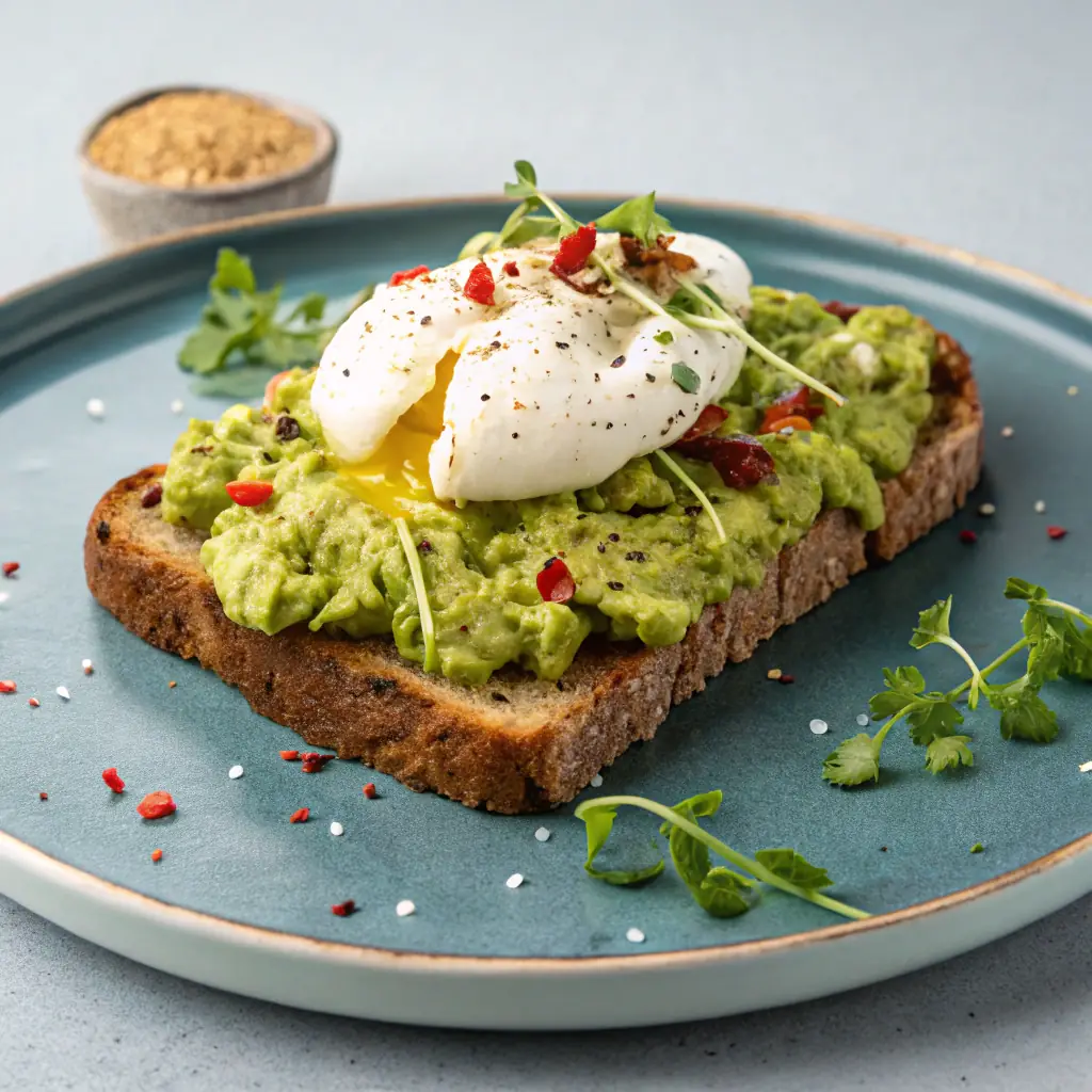 A vibrant avocado and egg power bowl with a perfectly runny yolk, garnished with red pepper flakes and served in a white ceramic bowl.