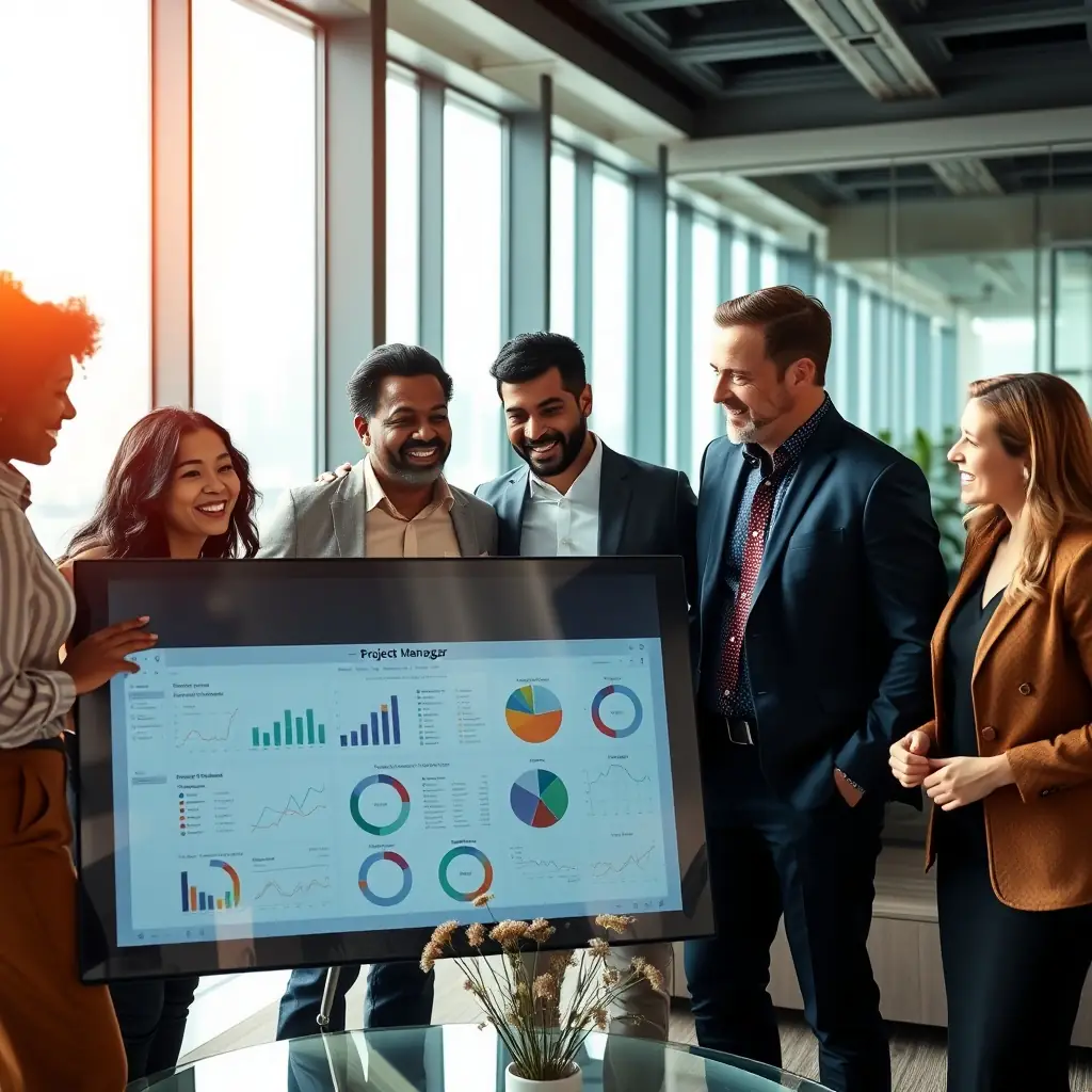 An image depicting a diverse team collaborating around a large screen displaying real-time data analytics and workflow visualizations, emphasizing the speed and efficiency of Captivix.ai's AI solutions.