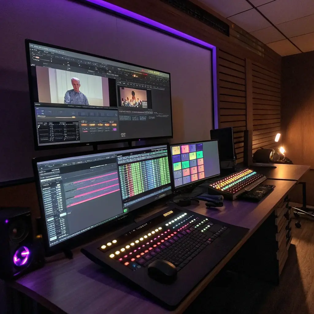 A professional editing suite with a blurred background, showcasing the flexibility of white-labeling and in-house finishing services.