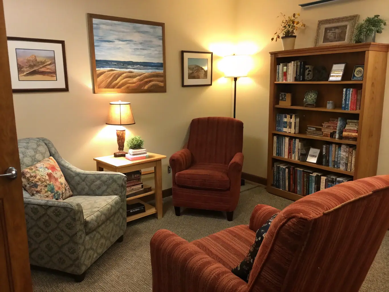 A close-up shot of a therapist's office, focusing on the comfortable seating arrangement and soft lighting, symbolizing a safe and confidential environment for polygraph examinations related to relationship issues.