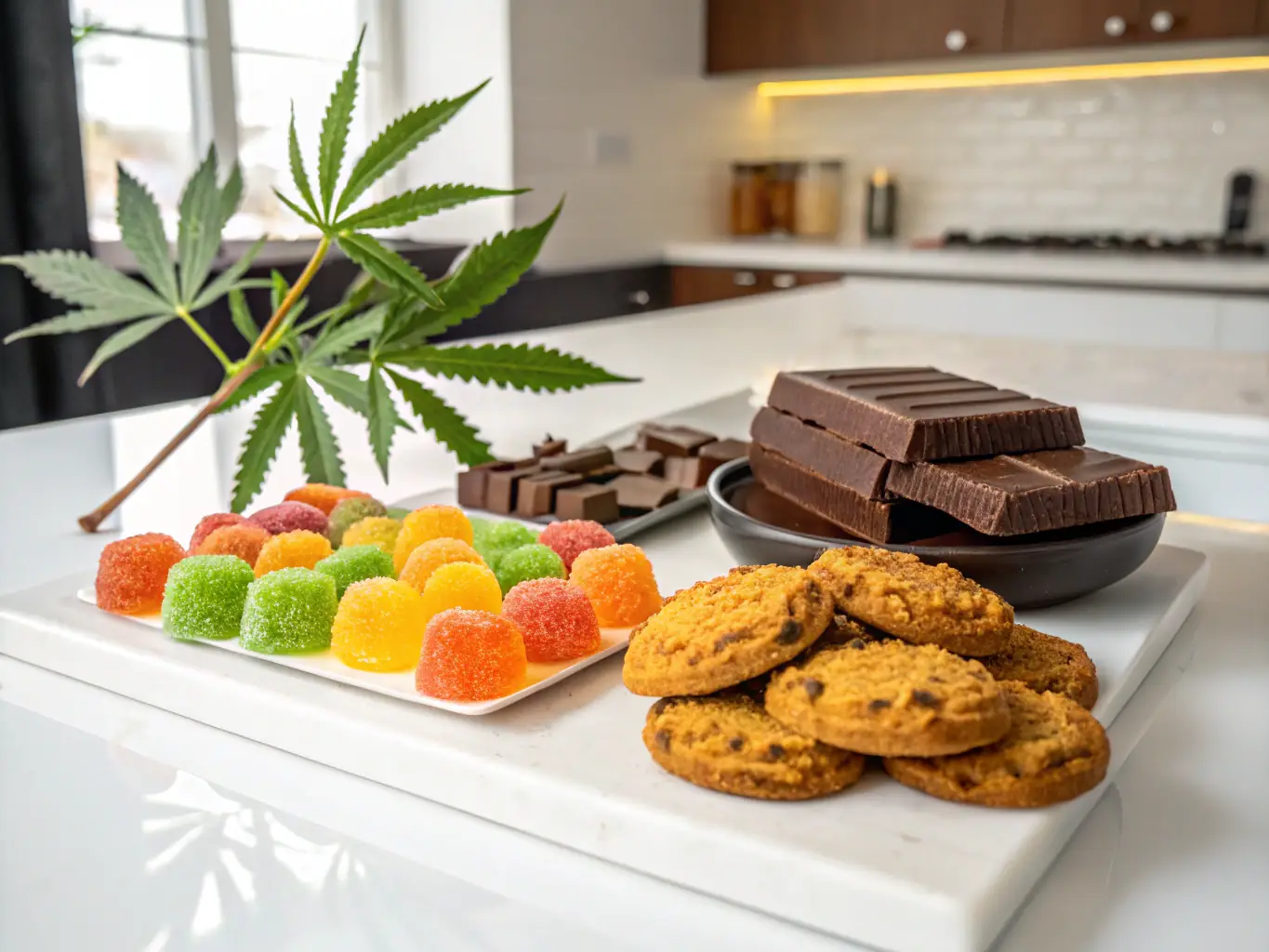 A variety of colorful cannabis gummies and infused chocolates arranged on a wooden surface.