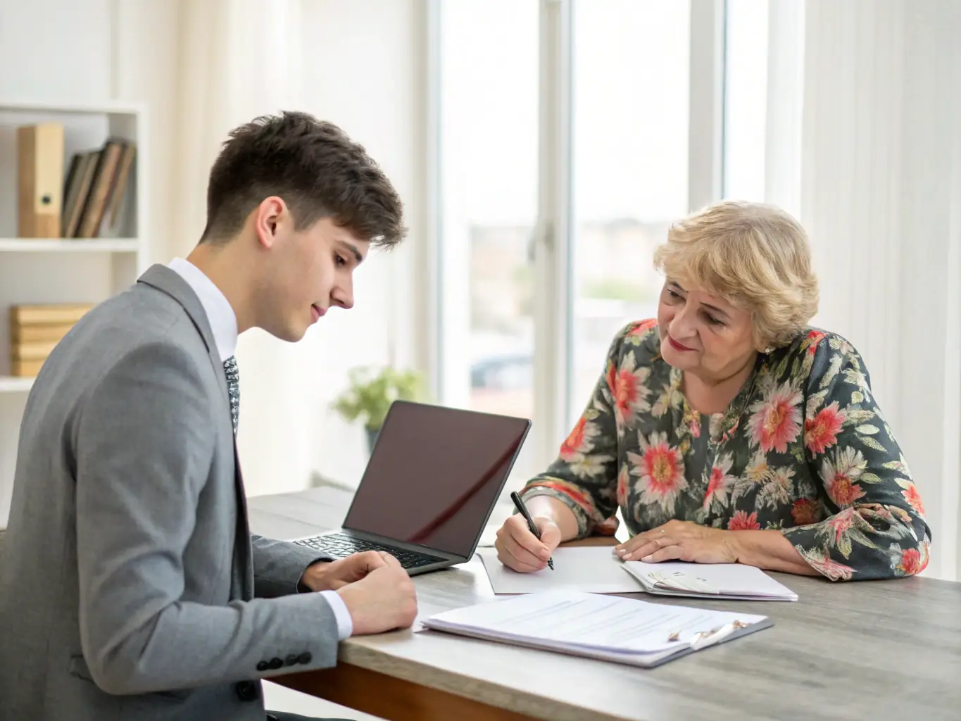 An image of a senior citizen smiling while reviewing tax documents with a Trustpoint advisor, highlighting the personalized tax assistance provided to seniors. The setting is a comfortable, well-lit office.