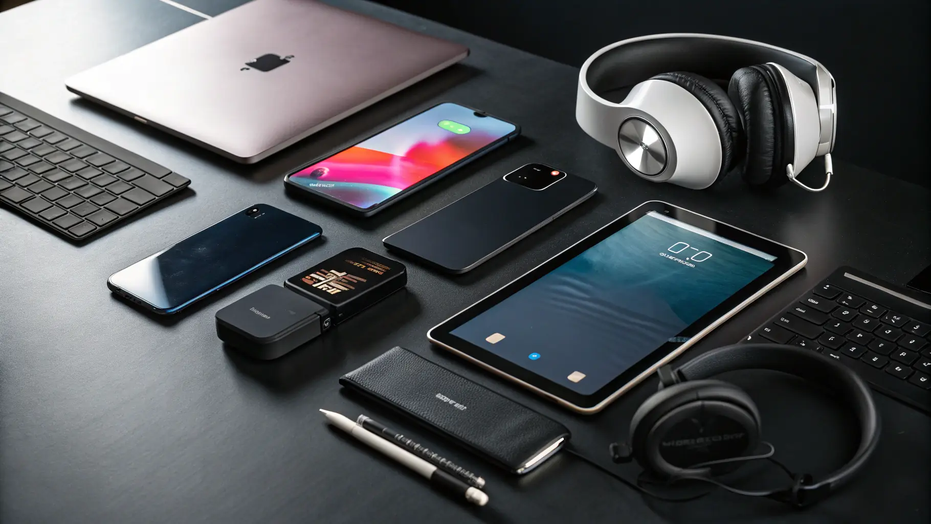 A sleek, modern image of a variety of tech gadgets and home electronics arranged on a clean background, emphasizing innovation and variety