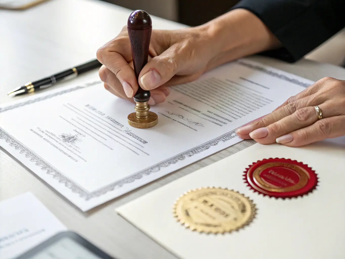 A split image showing a real estate contract on one side and an apostille certificate on the other, highlighting Trustpoint's expertise in real estate transaction documents requiring international validation.