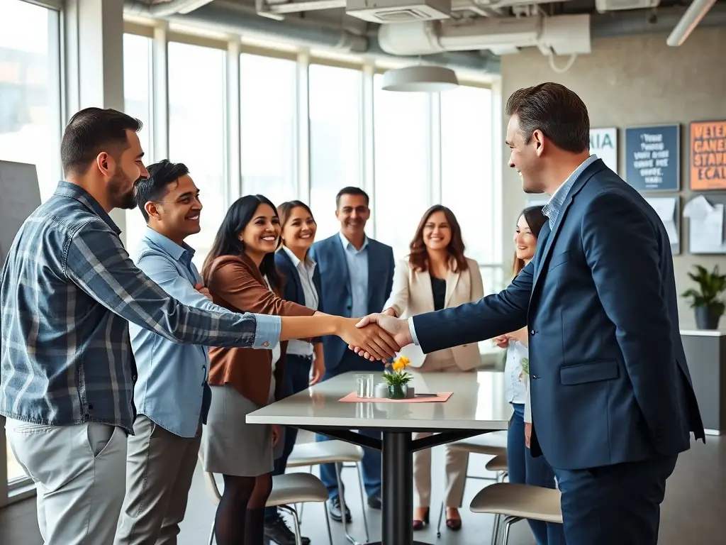 A diverse group of people from different cultural backgrounds shaking hands, representing international collaboration and the need for properly apostilled legal documents. The setting is a modern office environment.