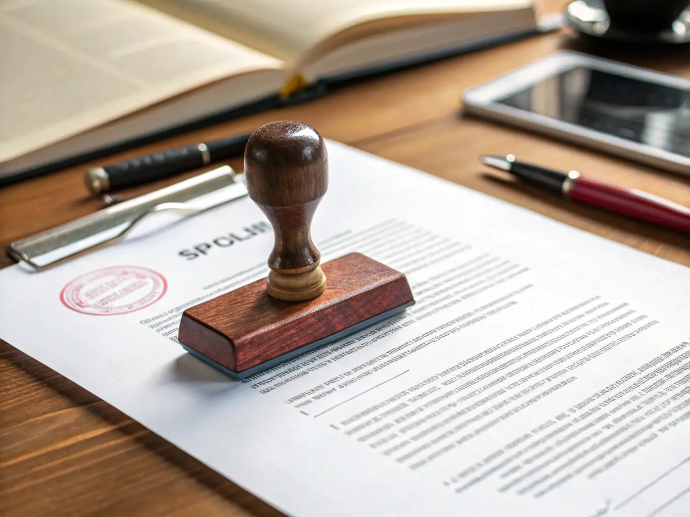 A close-up shot of an official apostille stamp being applied to a legal document, symbolizing the authentication process for international use. The Trustpoint logo is subtly visible in the background.