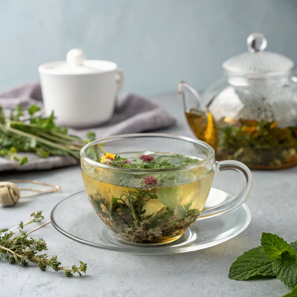 A close-up shot of a steaming cup of PureLeaf tea, with visible herbs and tea leaves swirling within, set against a backdrop of a serene, natural setting.