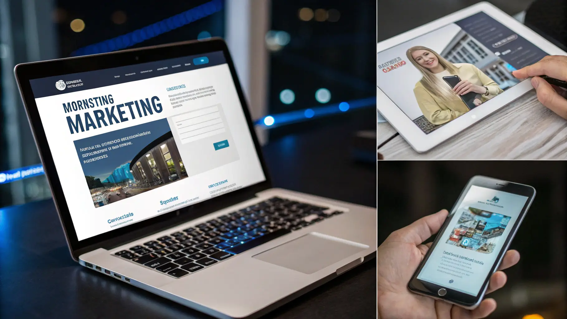 A collage of marketing assets including a landing page preview, a short vertical video thumbnail, and a set of branded banners to showcase our comprehensive deliverables.