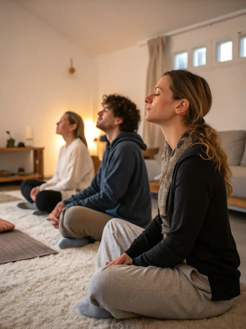 A group of people participating in a sound healing session in a yurt, with crystal bowls and soft lighting, creating a sense of harmony and relaxation.