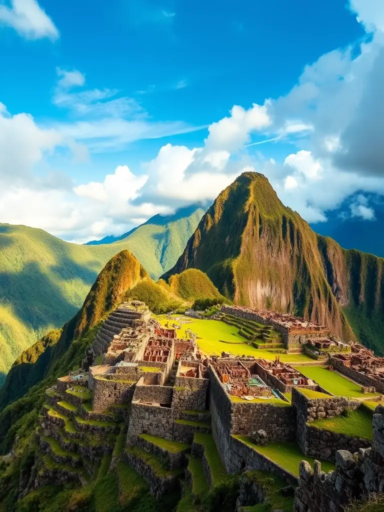 A panoramic view of Machu Picchu, bathed in golden light, symbolizing the sacred lands and transformative journeys offered by Pachamama's Travel.