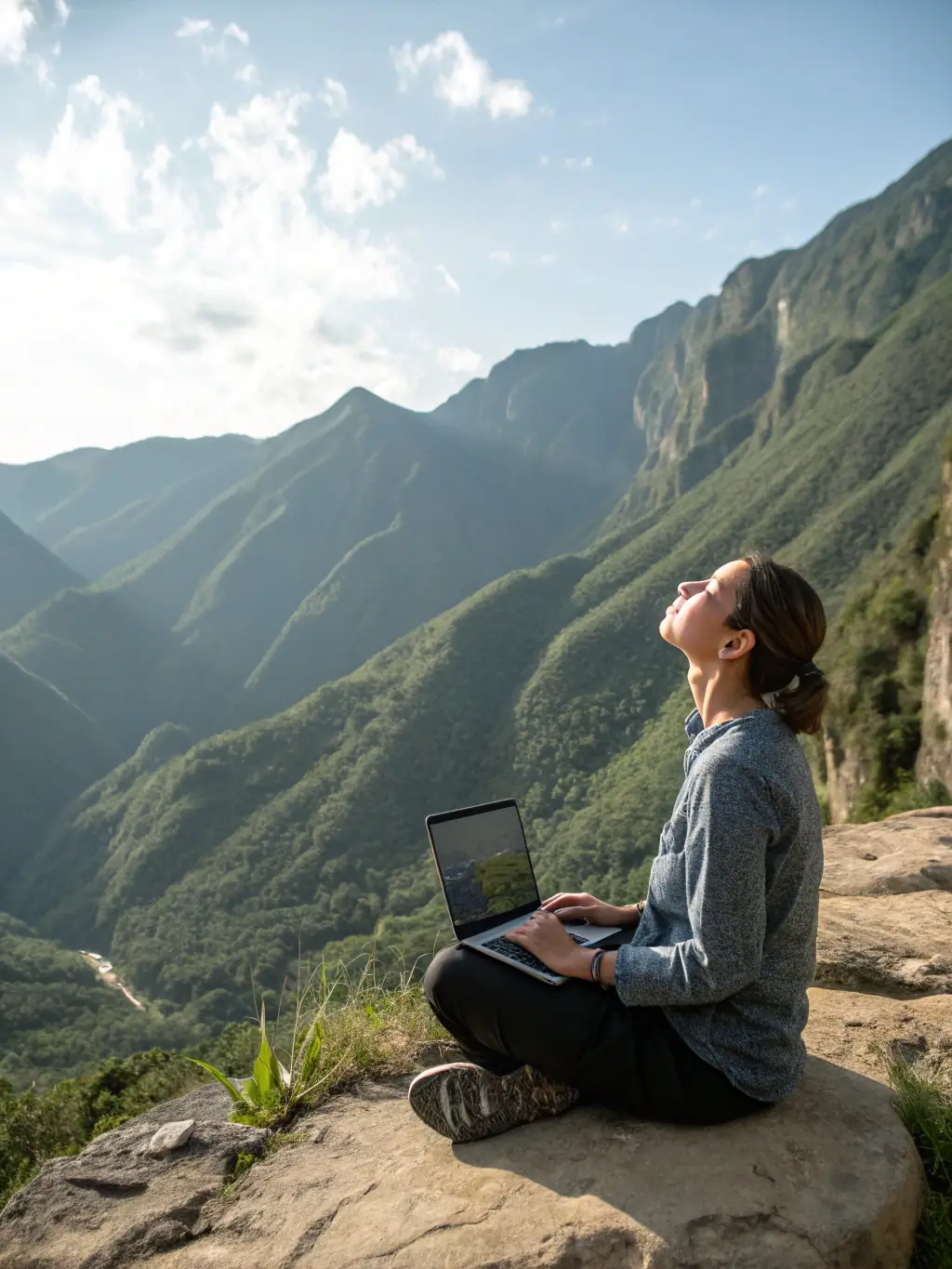 A serene image of a person meditating in the Andes Mountains at sunrise, mist gently rising from the valleys, capturing the spiritual essence of Pachamama's Travel retreats.