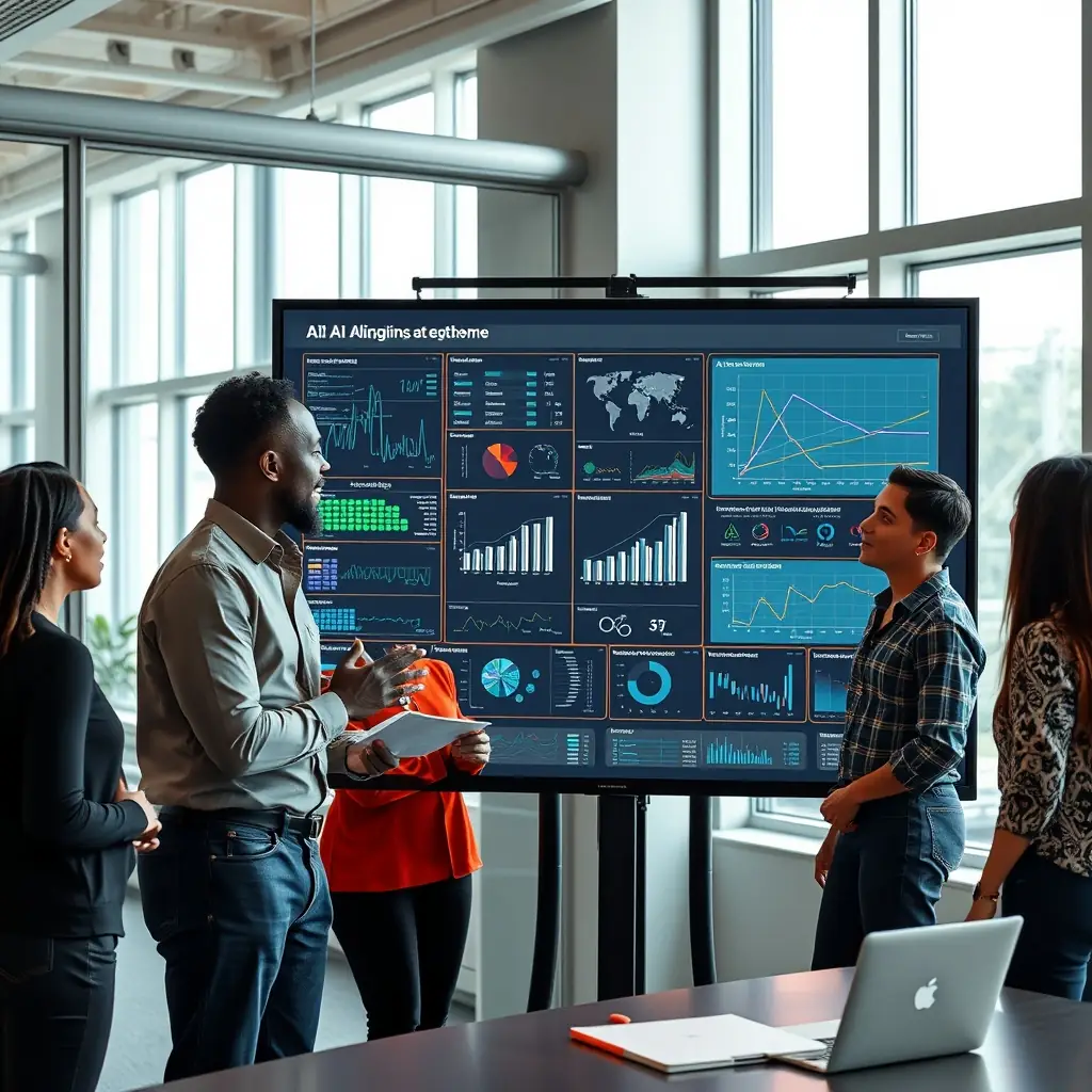 A vibrant and engaging image of professionals collaborating around AI technology, symbolizing community and innovation, suitable for the About section of an AI professional community Hong Kong.