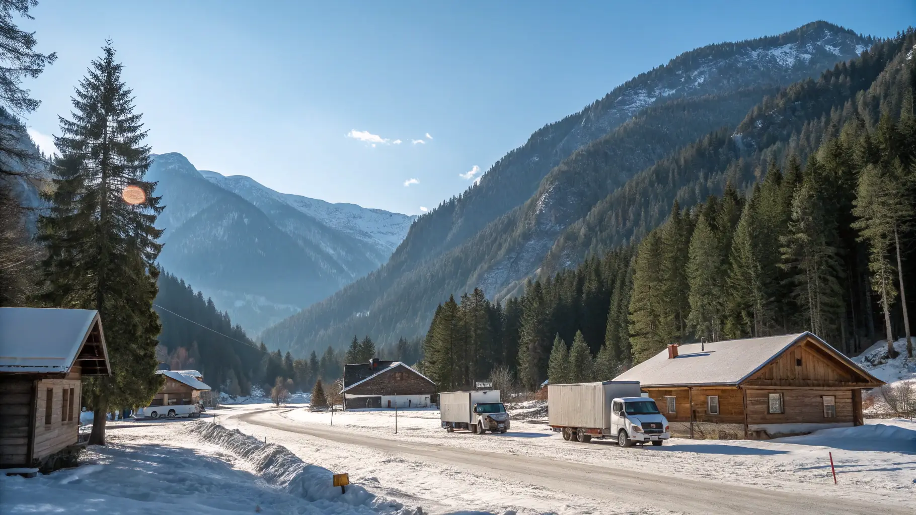 A delivery van driving through a picturesque Swiss village, with snow-capped mountains in the background.
