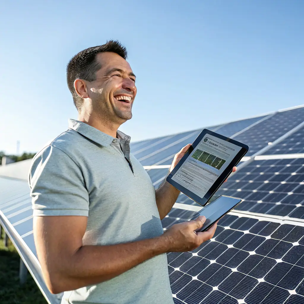A professional portrait of Mateo, smiling in natural light, on a roof with solar panels.