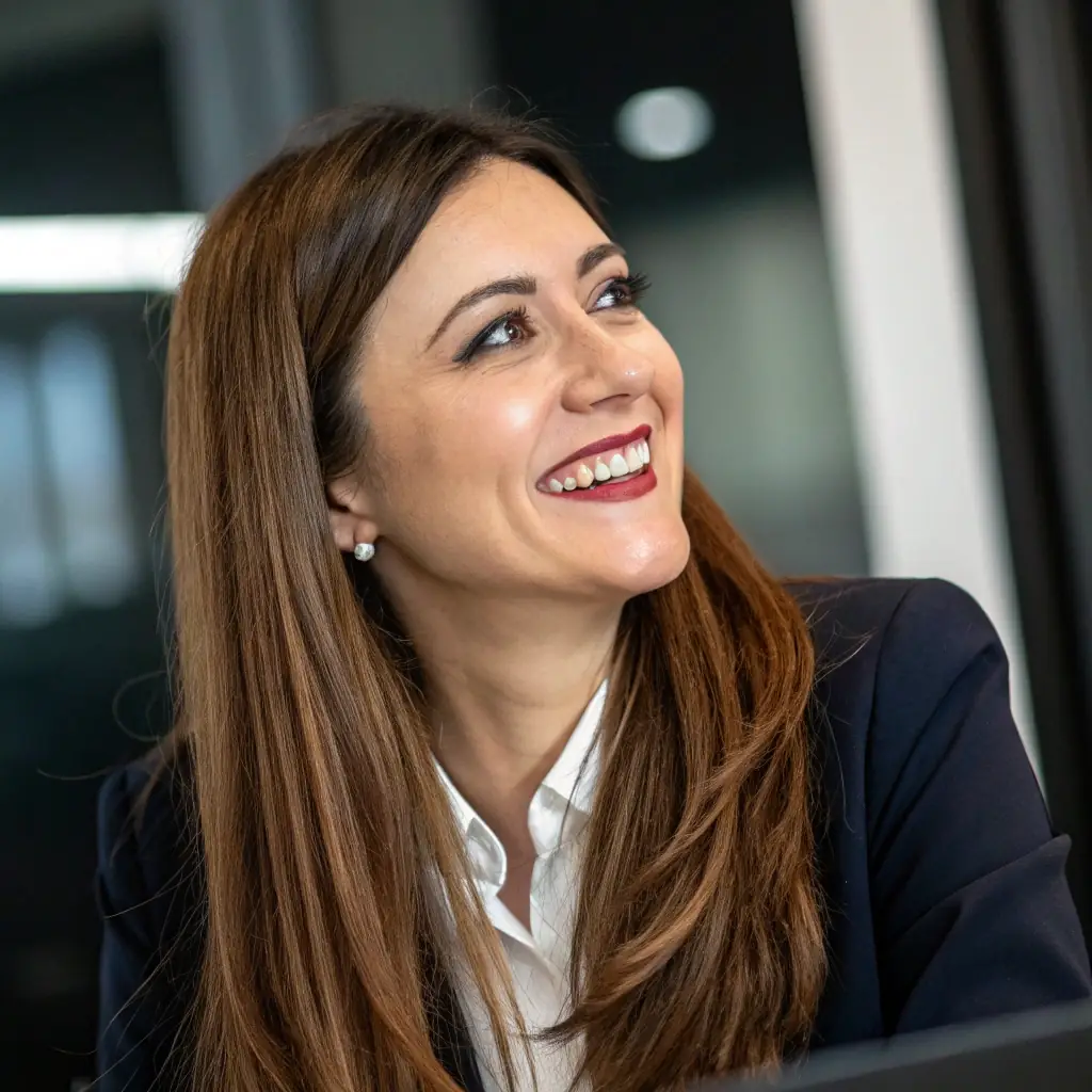 A professional portrait of Elena, smiling in natural light, standing in a modern wooden interior.