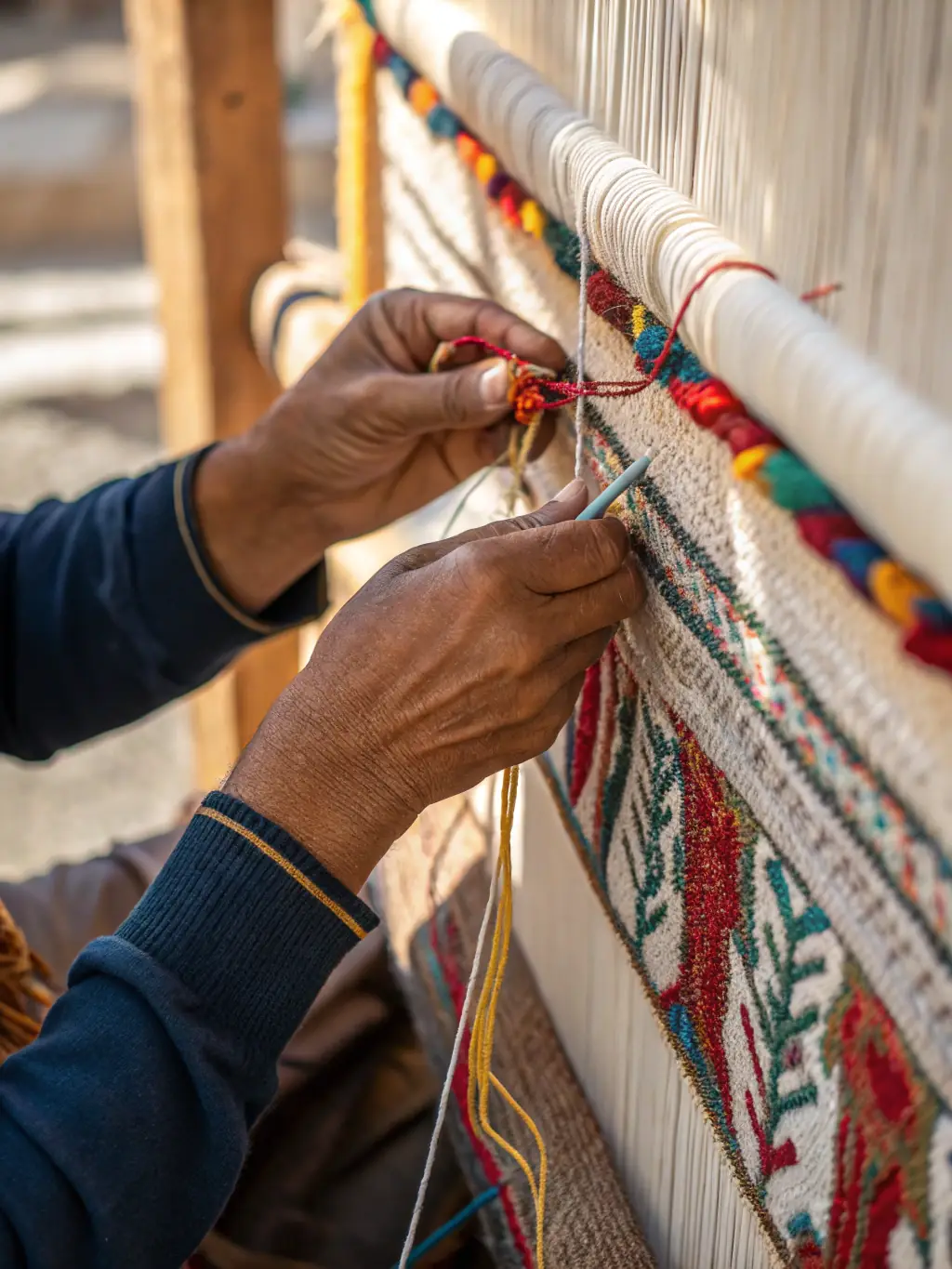 A high-angle, detailed shot of a craftsman's hands meticulously knotting a vibrant, intricate wool carpet in a traditional Indian workshop, showcasing the artistry and precision involved in hand-knotting.