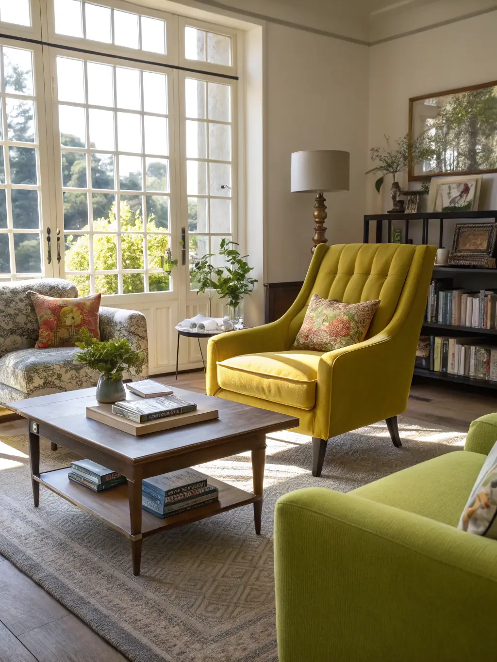 A wide shot of a minimalist living room featuring a colorful, flat-weave Dhurrie carpet with geometric patterns, emphasizing its versatility and suitability for contemporary spaces.