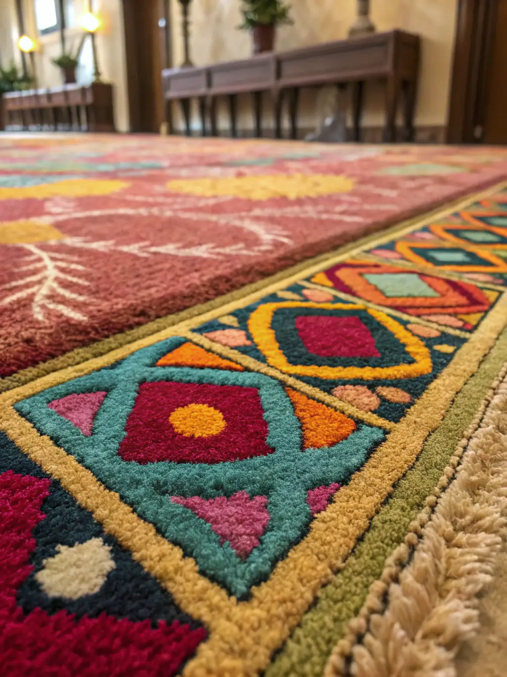 A close-up image of a plush, hand-tufted carpet with a modern geometric design, highlighting the soft texture and vibrant colors achieved through the hand-tufting process.