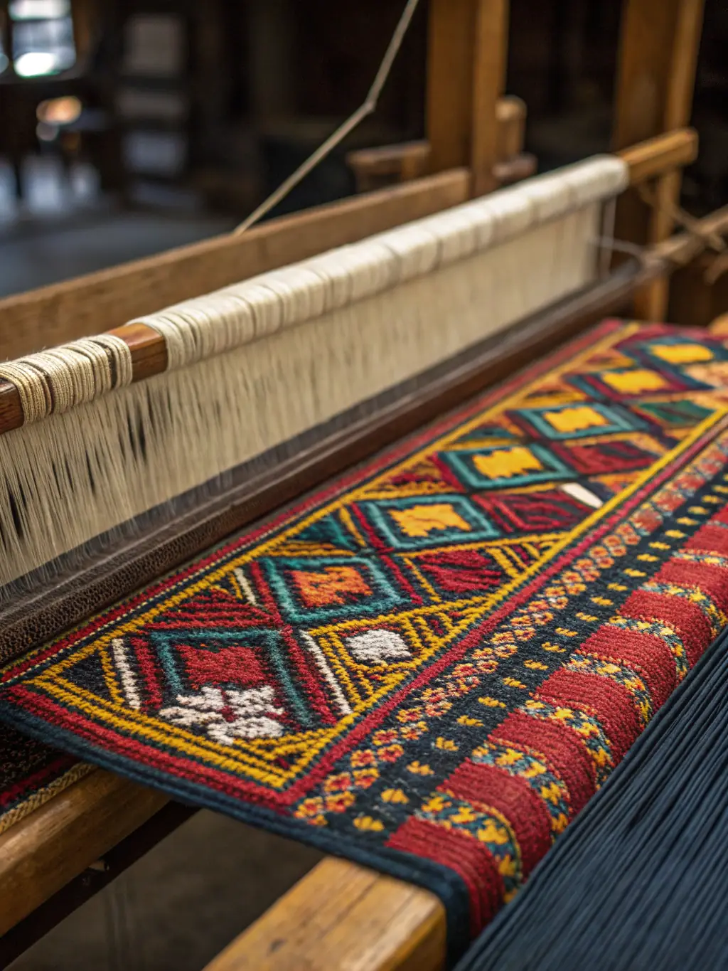 A detailed image showcasing the texture and weave of a handloom carpet, highlighting the subtle variations and unique character of each piece created on a traditional handloom.
