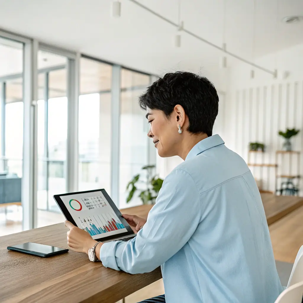 A person confidently reviewing investment data on a tablet, with charts and graphs displayed, in a modern office setting. The scene should convey trust, expertise, and a clear path to financial success with Swinvest.