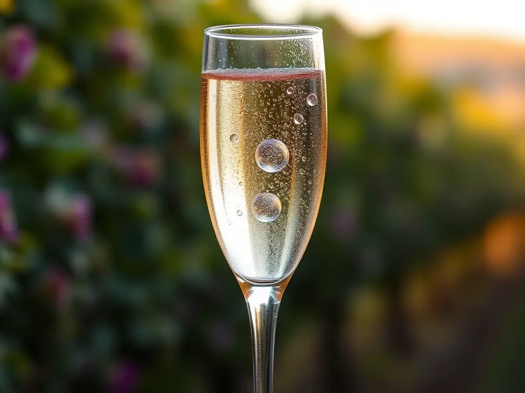A close-up shot of a sparkling glass of Prosecco, with condensation on the glass and bubbles rising to the top, set against a blurred background of a festive Italian vineyard.