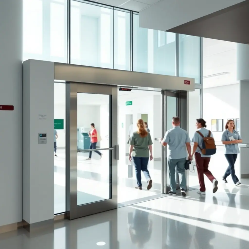 A commercial automatic door in a busy hospital entrance, showcasing NEWGEN Automation's service capabilities in a high-traffic environment. The door should appear modern and well-maintained.