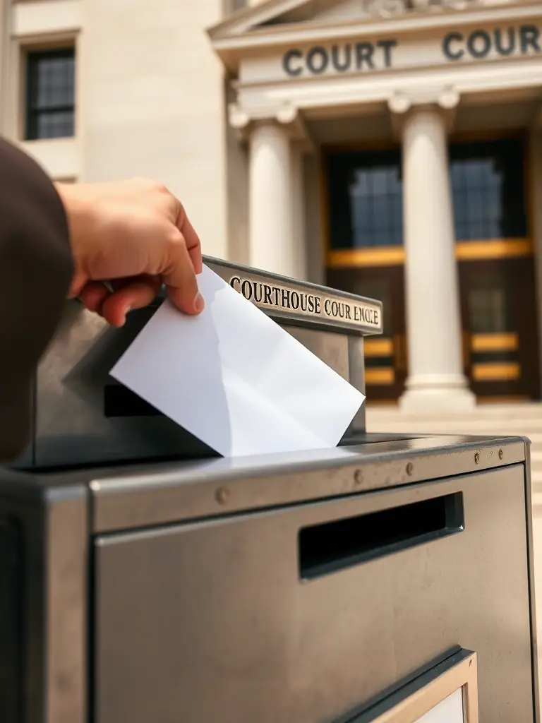 A hand placing a sealed envelope into a court filing box, symbolizing the final step of submitting legal documents. The background shows a courthouse exterior.