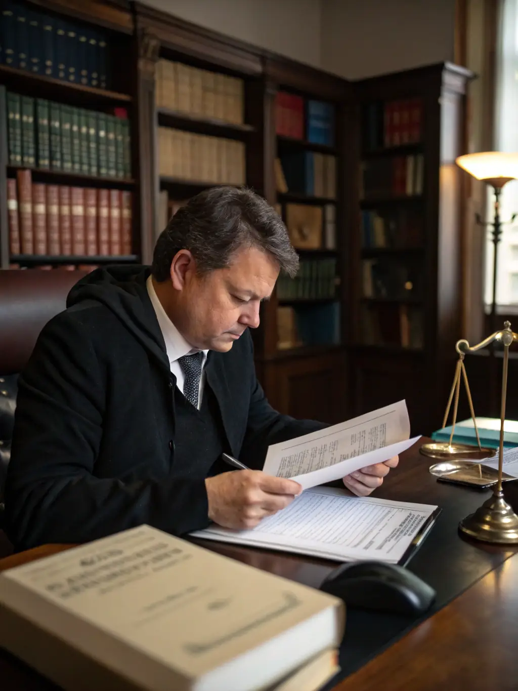 A person reviewing a set of legal documents with annotations and highlights, emphasizing the detailed nature of discovery responses. The setting is a modern office environment.