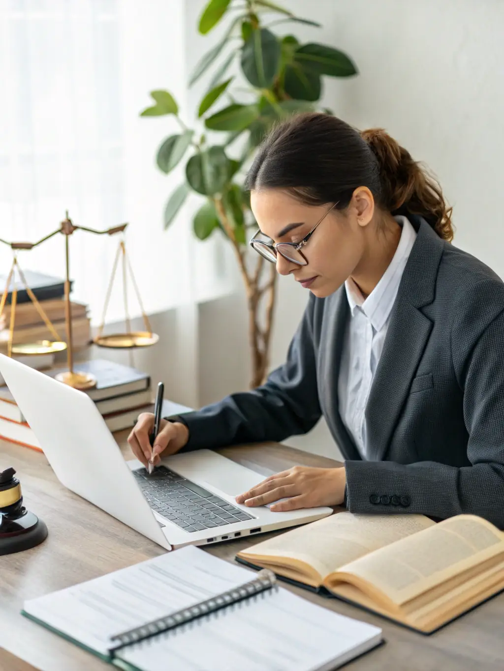 A close-up shot of an Answer to Unlawful Detainer form (UD-105) being filled out by a paralegal, with a focus on the clarity and precision of the legal language. The setting is a well-lit office with legal books in the background.