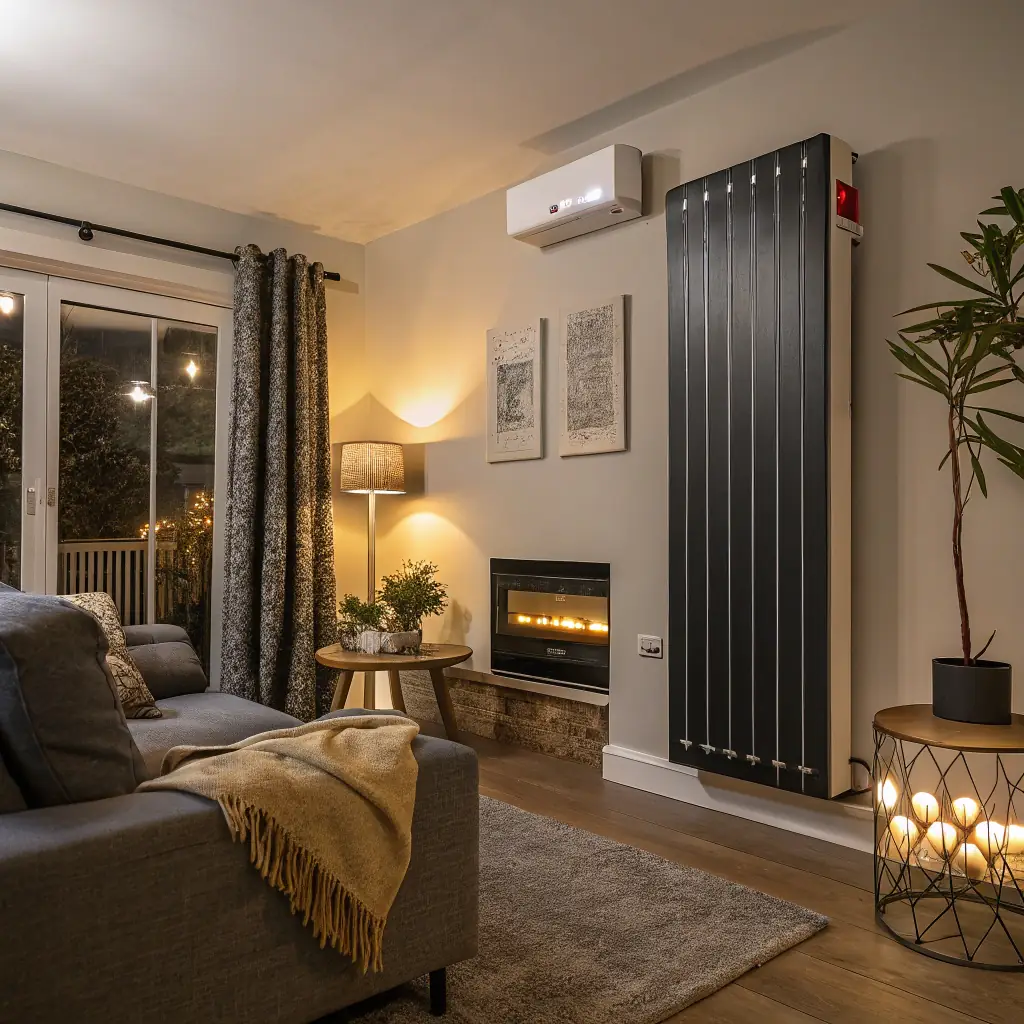 A modern, well-lit interior showcasing a sleek heat pump unit installed in a living room, emphasizing comfort and energy efficiency.