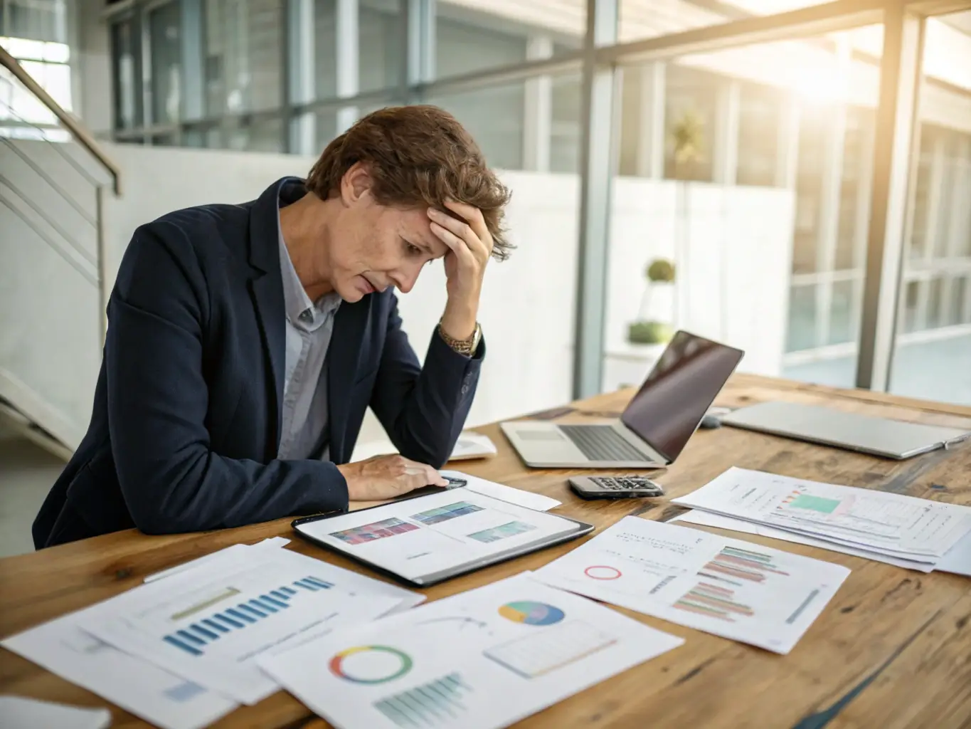 A realistic photo of an entrepreneur looking stressed and worried, sitting at a desk with financial documents scattered around.