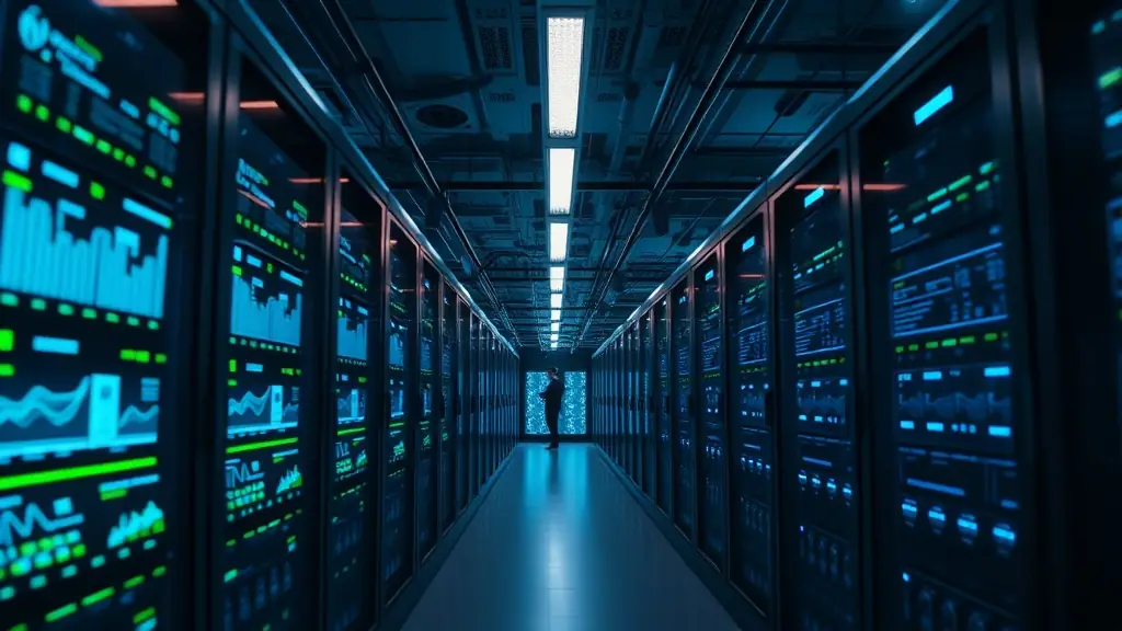 A secure data center with a glowing AI brain inside, symbolizing data sovereignty and technological independence.
