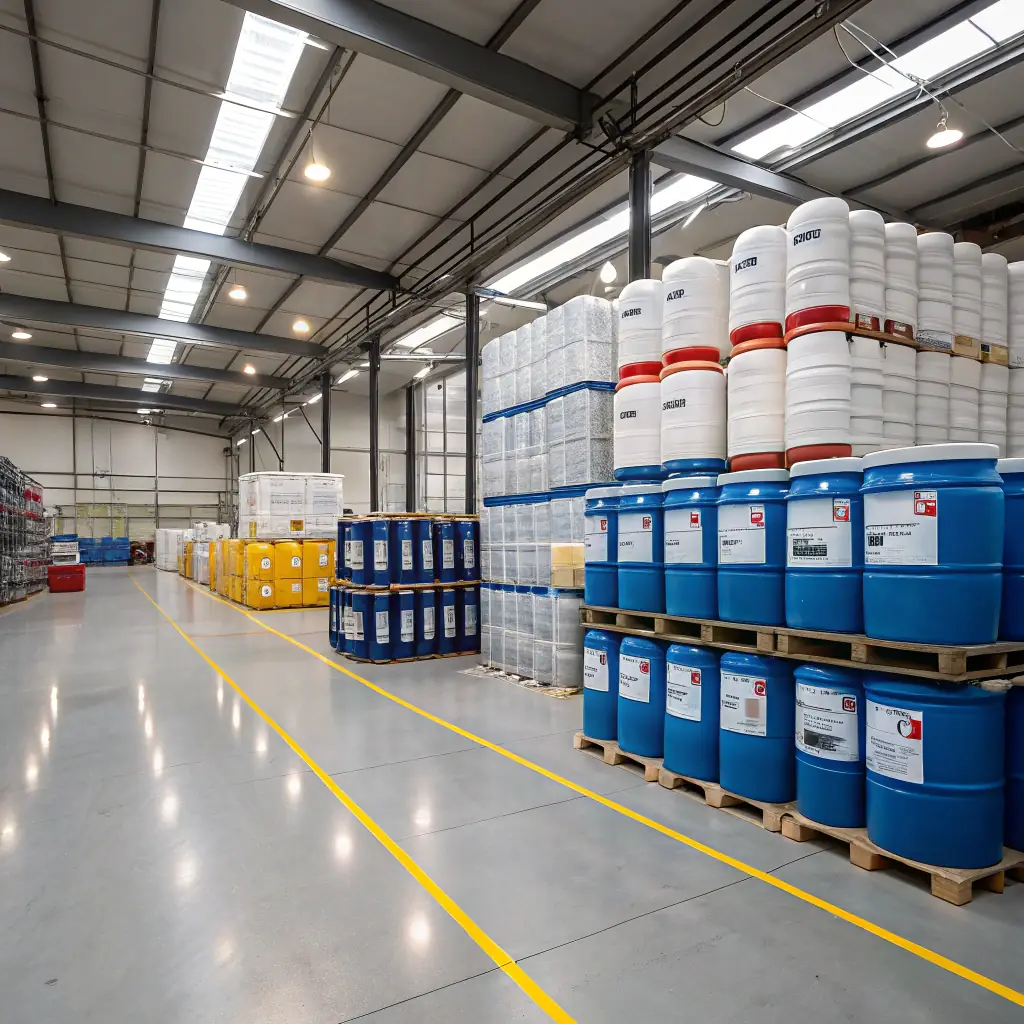 A high-resolution image of a modern chemical warehouse with neatly stacked barrels and containers, showing a clean, organized environment and a digital tablet displaying inventory management, representing CHEMSURE's advanced logistics and quality control.