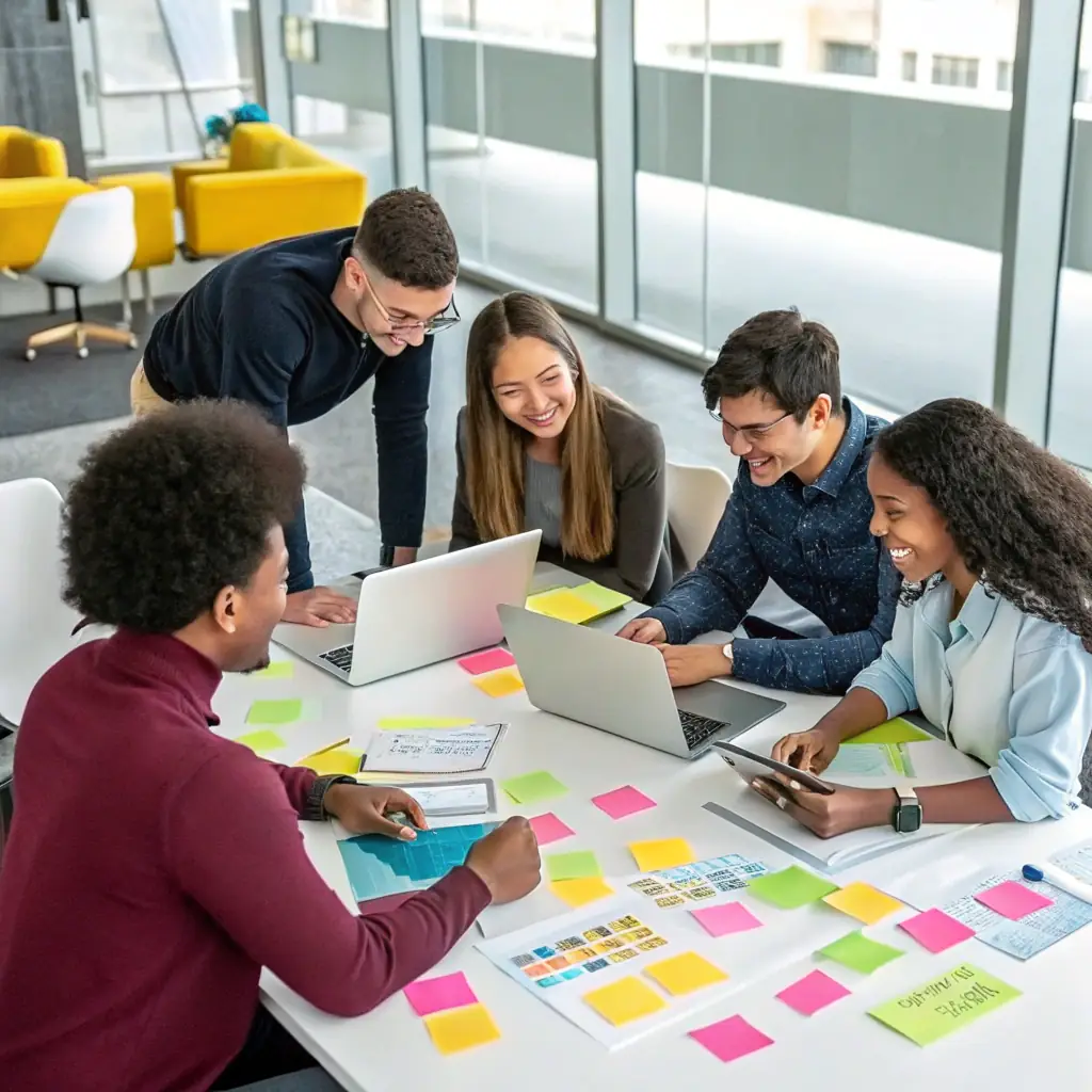 A diverse group of young professionals collaborating in a modern office space, brainstorming ideas on a whiteboard. The atmosphere is energetic and innovative, reflecting the talent UPLY helps companies recruit.