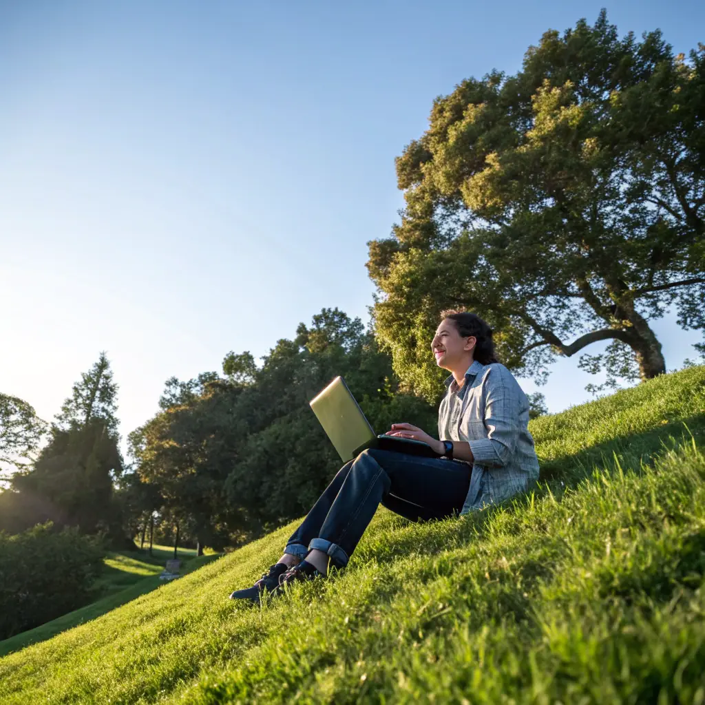 A person using a laptop outdoors, surrounded by camping gear, researching products on Gearfinder.