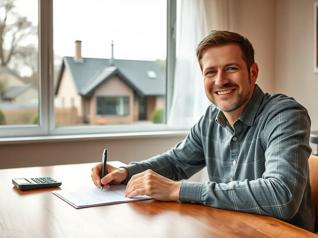 A person happily signing a document with a house in the background, symbolizing easy financing for home repairs.
