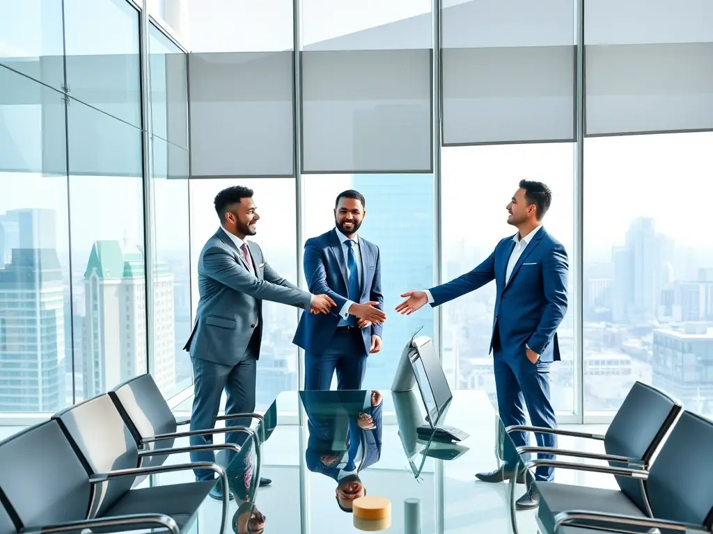 A group of international businessmen shaking hands in a modern office setting, symbolizing partnership and global collaboration.
