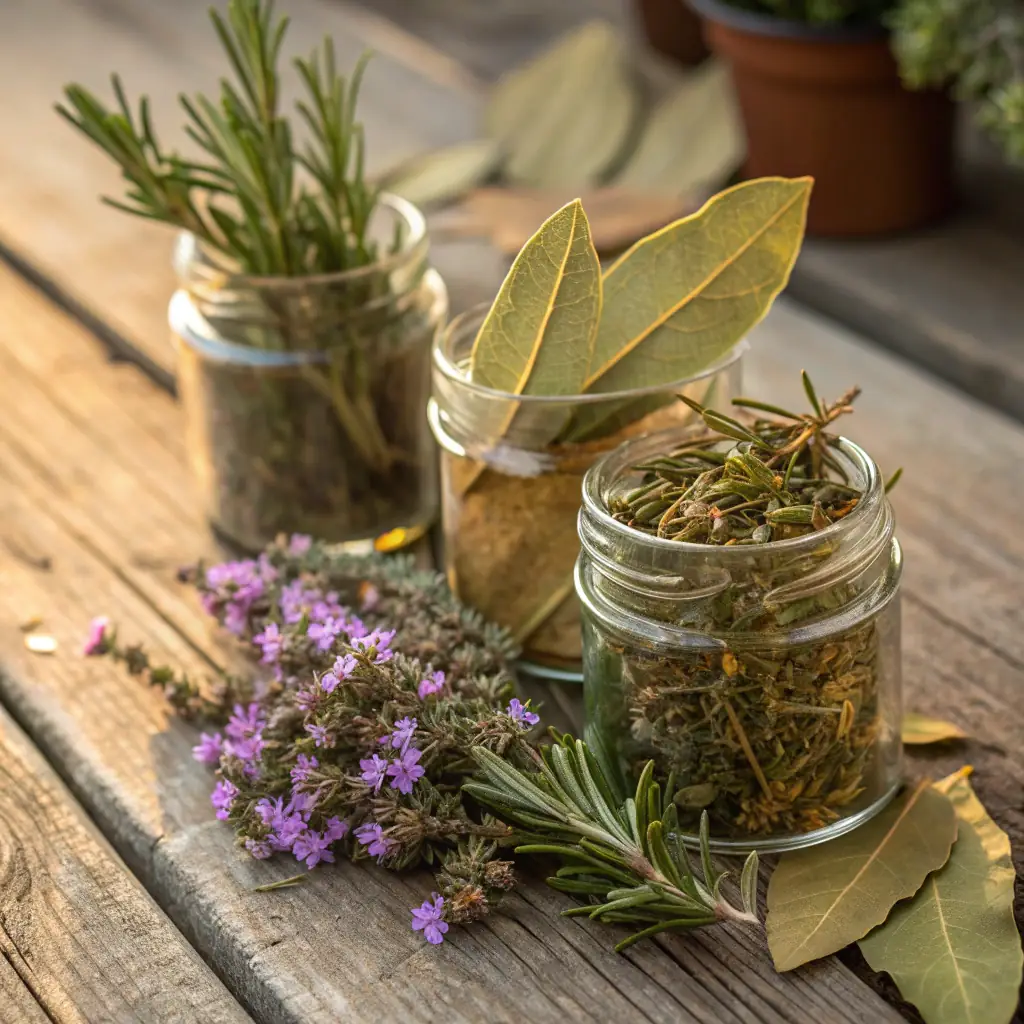 A close-up shot of various dried herbs and tea leaves arranged artfully on a wooden table, with sunlight streaming through a window, emphasizing the natural and sustainable aspect of the products. This image will be used in a section detailing the educational benefits of learning about herbal blending and tea preparation.
