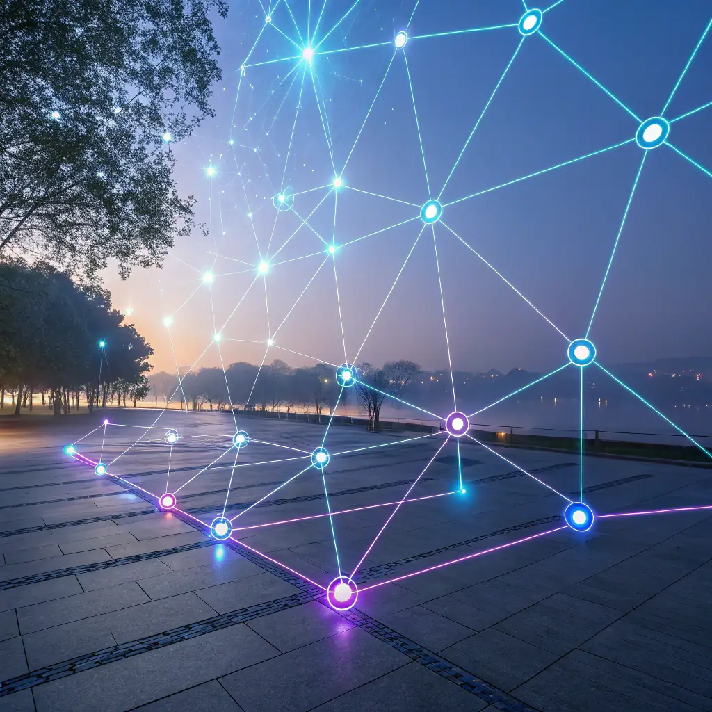 A high-quality, professional graphic representing the SugarXR brand, with interconnected nodes symbolizing the company's expansion into various markets like public safety, mental health, and retail. The image should convey innovation, connectivity, and growth.