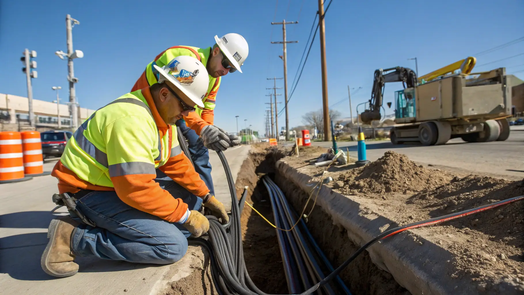 A professional technician performing fiber splicing and underground cabling installation in an outdoor setting, showcasing precision and technical skill for infrastructure projects.