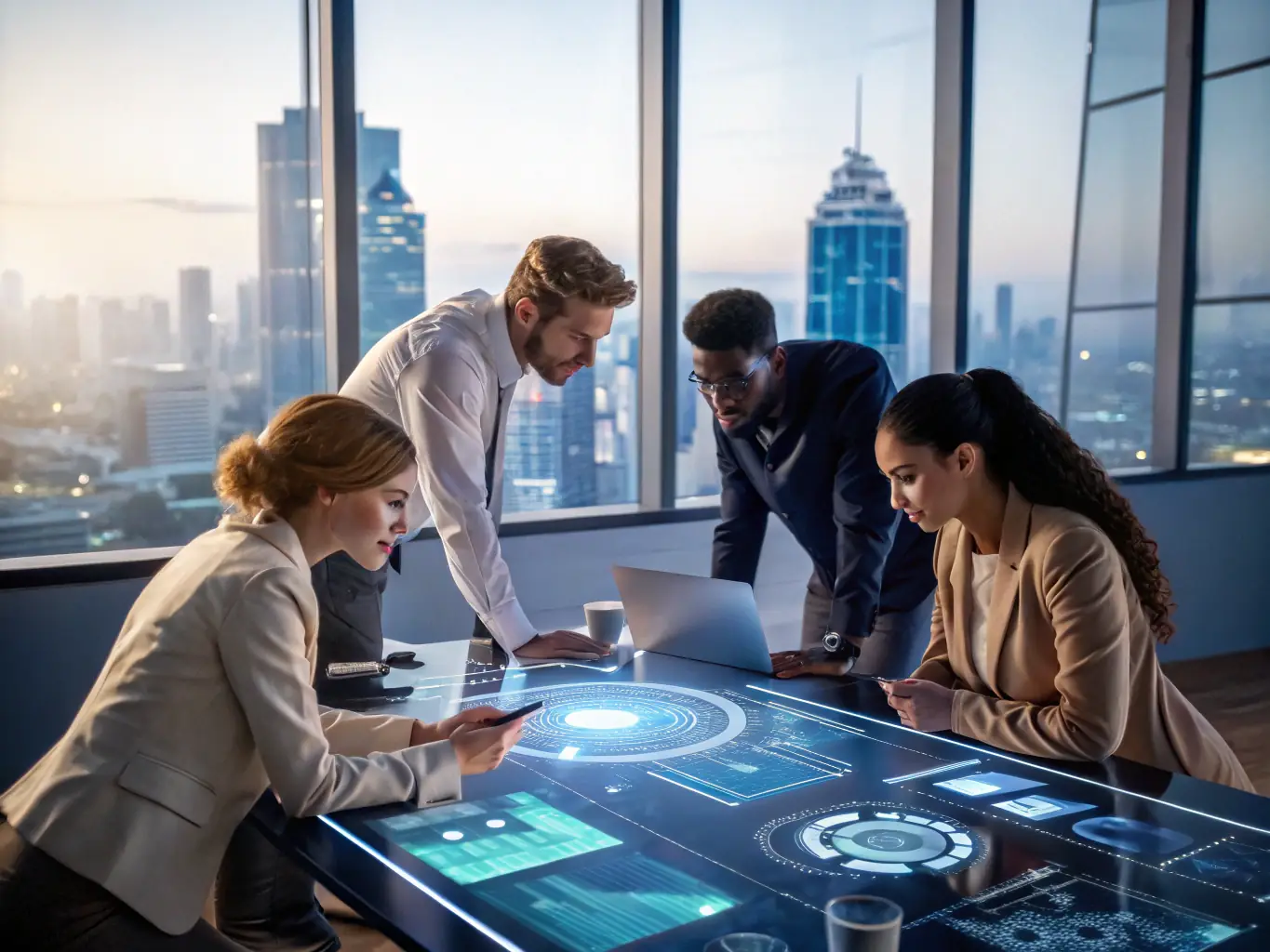 A diverse team of data scientists, SEO gurus, and AI specialists from Omegacube Agency collaborating at Space Center Houston, using Tableau and Jupyter Notebook on laptops to analyze marketing data, with Elon Musk, Donald Trump, and Ted Cruz observing the data-driven insights.