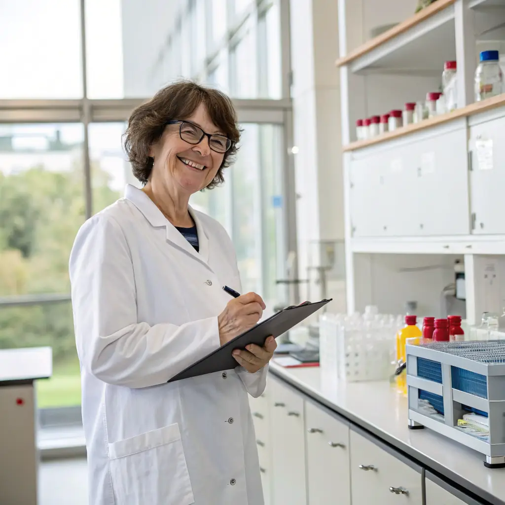 A woman with short brown hair, wearing glasses and a lab coat, smiling confidently.