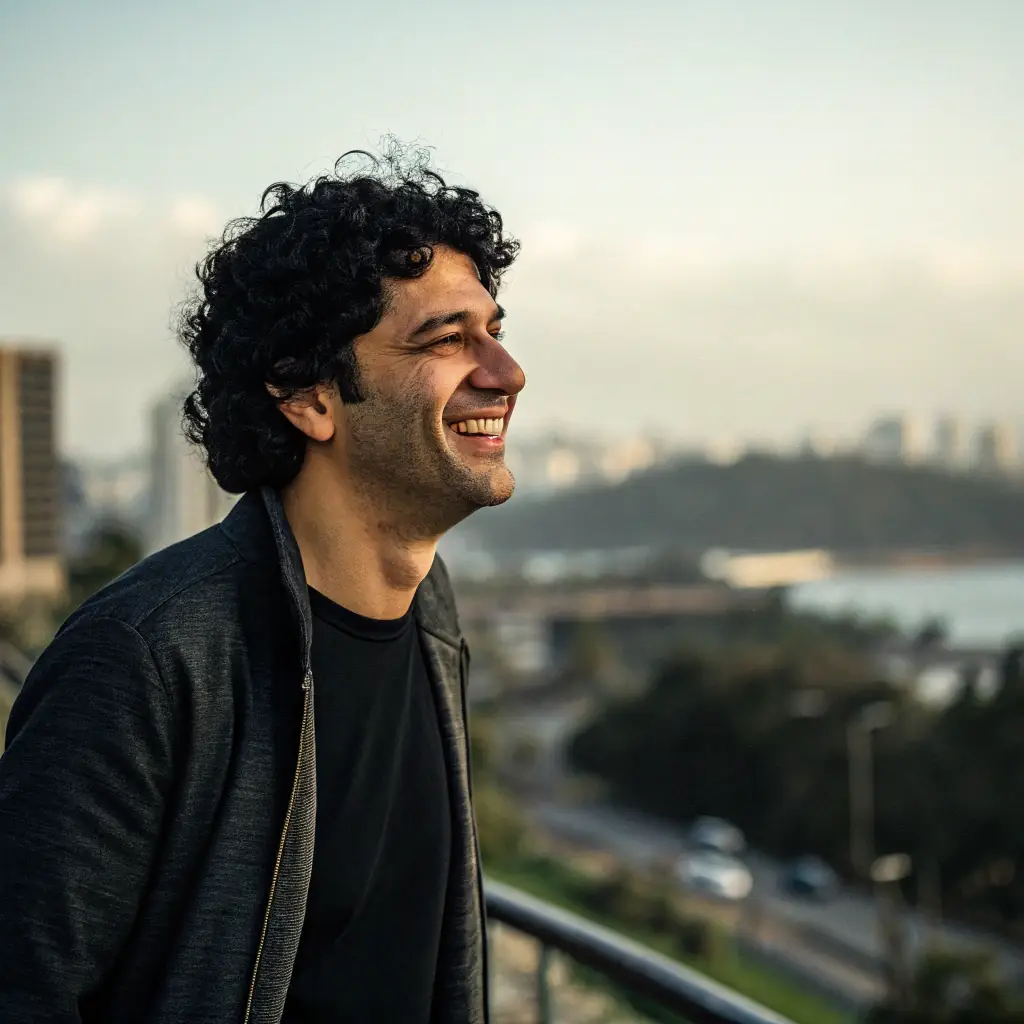 A man with dark hair, wearing a casual shirt, smiling warmly.