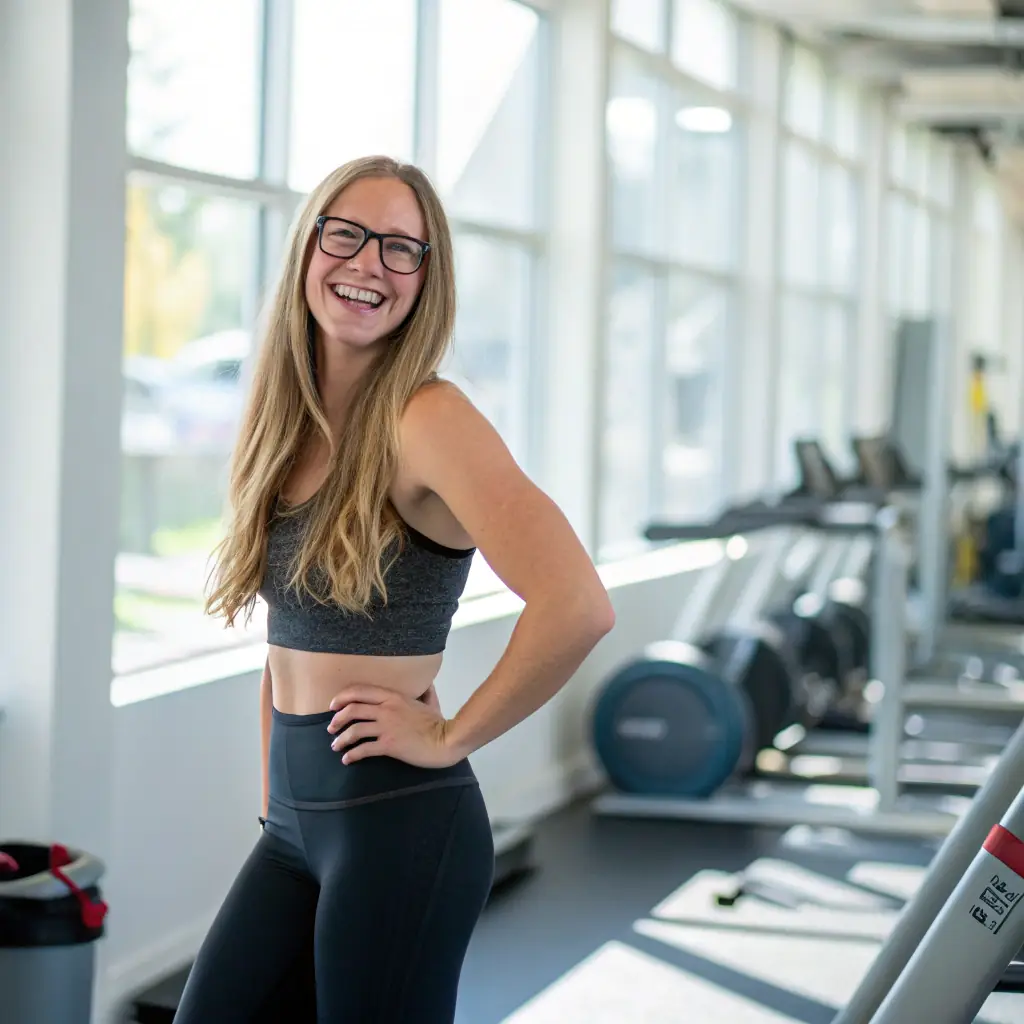 A woman with blonde hair, wearing athletic wear, smiling enthusiastically.