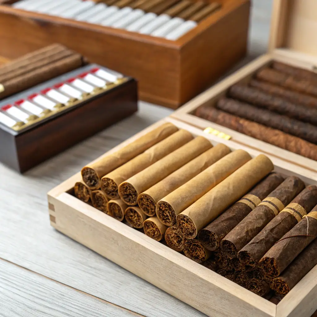 A professional image of premium hand-rolling tobacco products and accessories, emphasizing quality and authenticity, suitable for an about page of a tobacco retail ecommerce website.